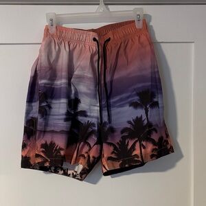 H&M Purple and Orange Palm Tree Swim Shorts